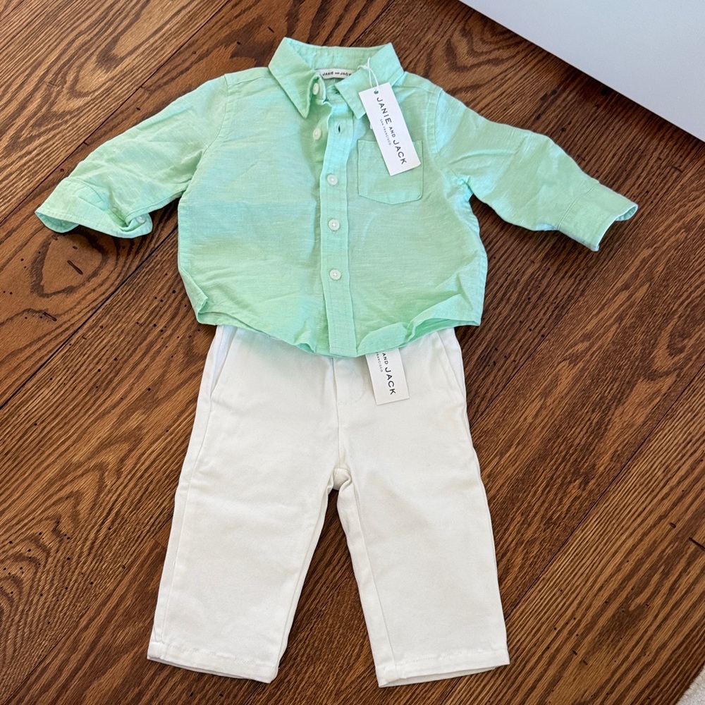 Janie and Jack Light Mint Green Linen Shirt and White Pants